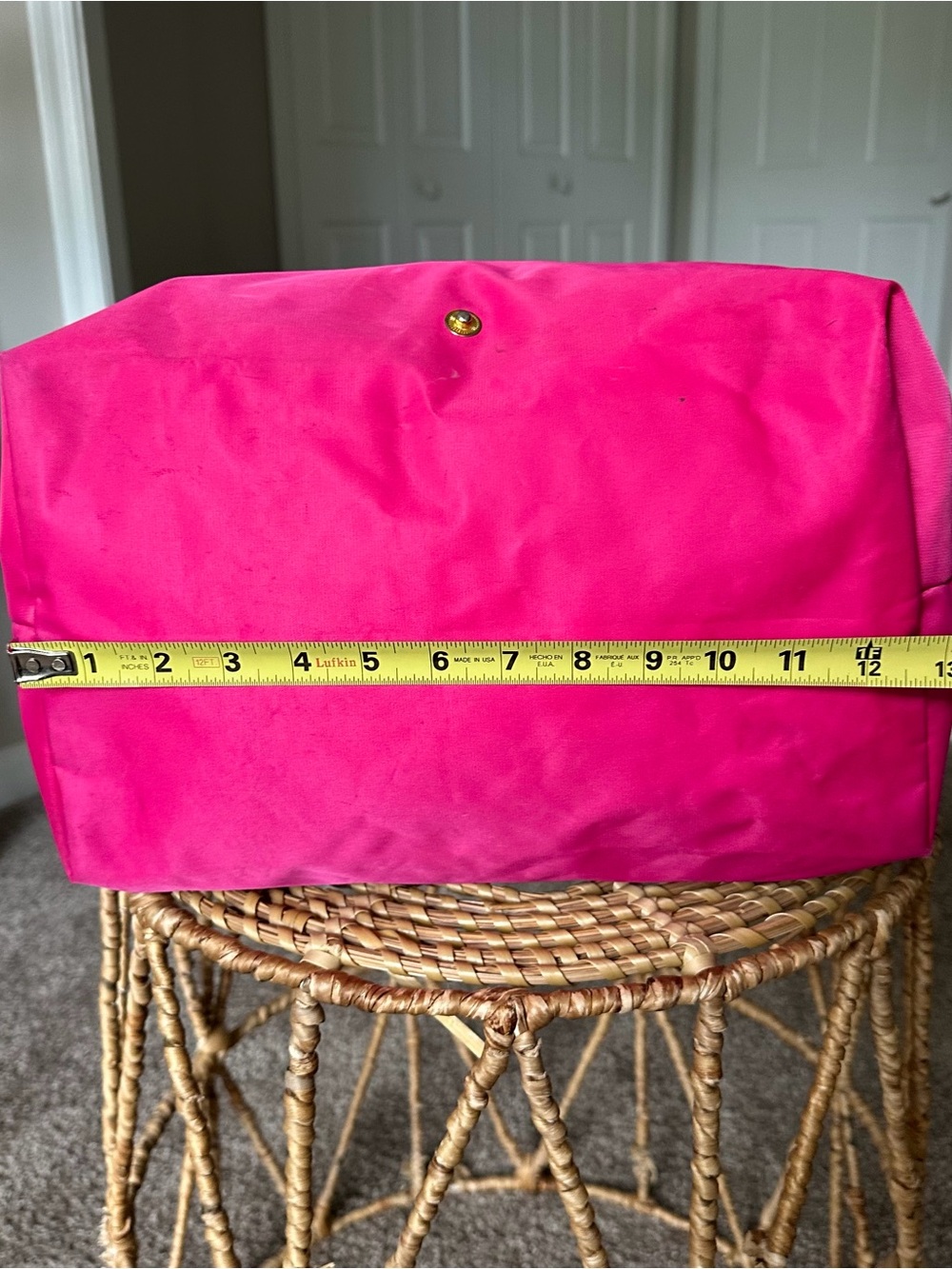 Longchamp Le Pliage Hot Pink Nylon Tote with Brown Leather Trim Large Travel Bag - Picture 7 of 16